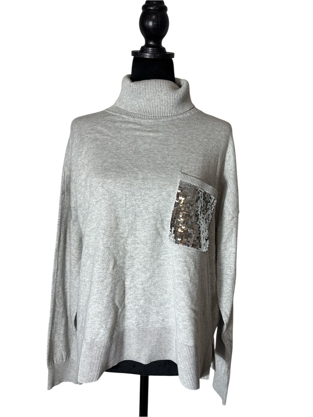DKNY Sequin Pocket Turtleneck Sweater in Gray Size Large